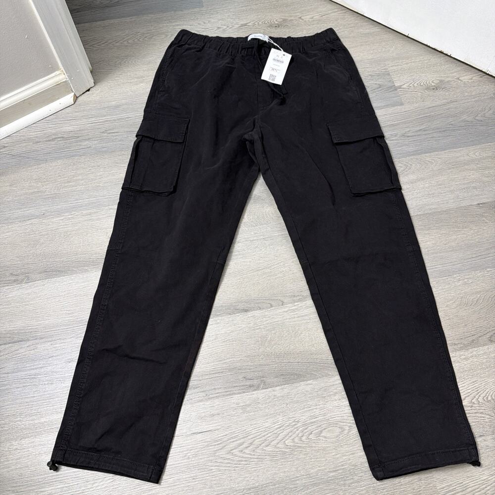 Bershka Men's Baggy Cargos Black Pants Drawstring Waist Size XL